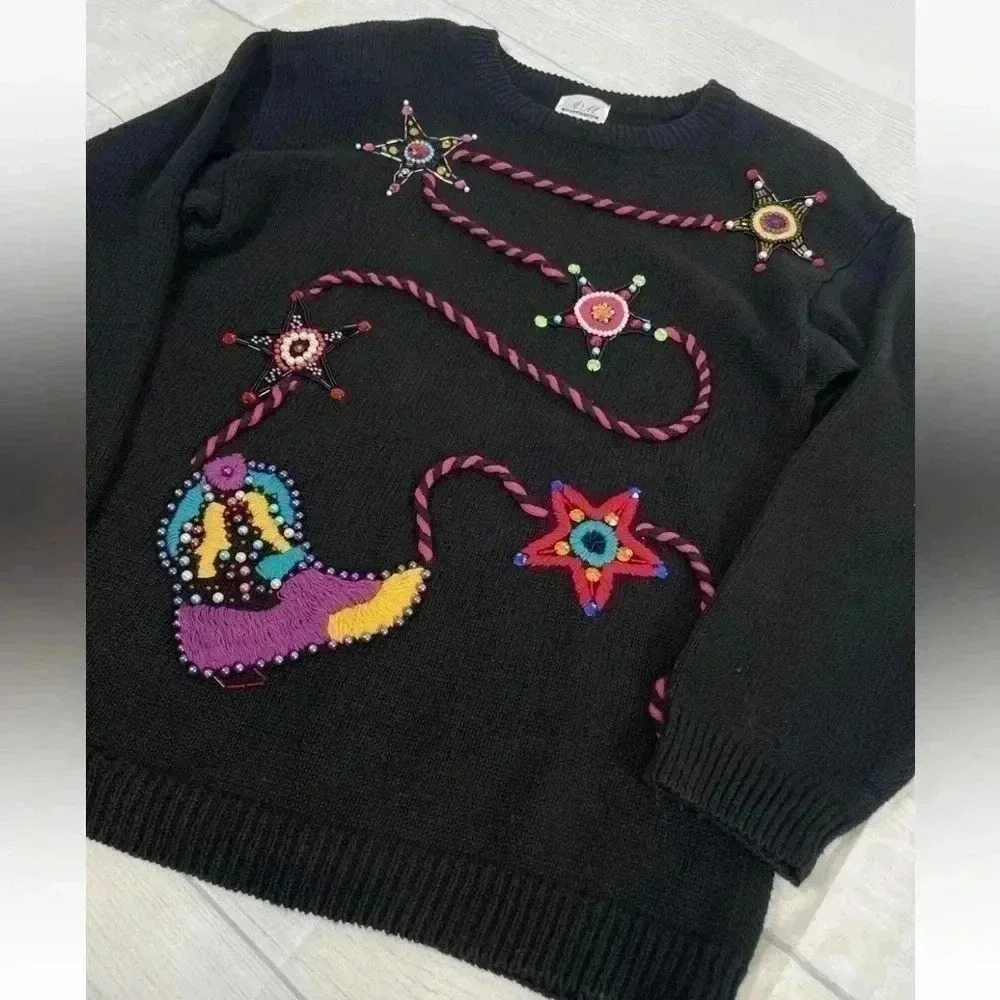 Vintage boho Western chic Cowboy Sweater Black beaded Jewel boots star Woman’s M
